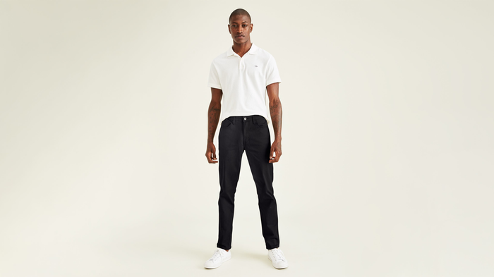 Front view of model wearing Black Jean Cut Pants, Straight Fit.