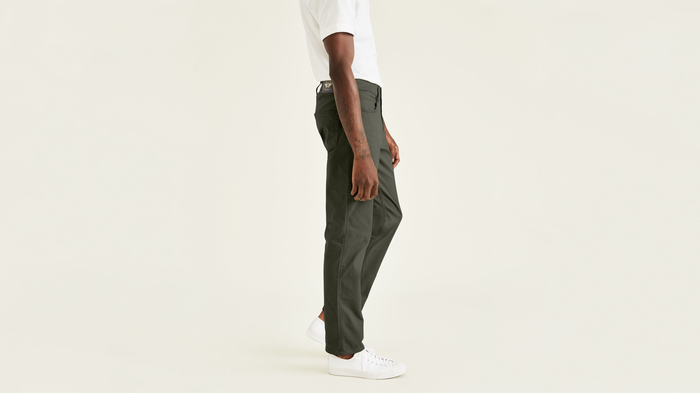 Side view of model wearing Deep Depths Jean Cut Pants, Straight Fit.
