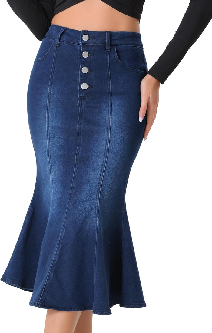 Allegra K Denim Skirt for Women Fishtail Midi Jean Skirts