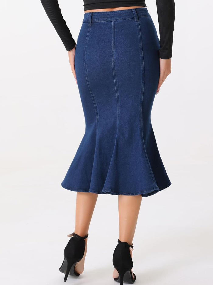 Allegra K Denim Skirt for Women Fishtail Midi Jean Skirts