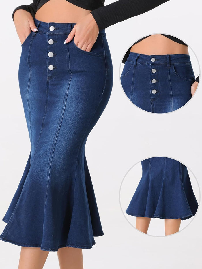 Allegra K Denim Skirt for Women Fishtail Midi Jean Skirts