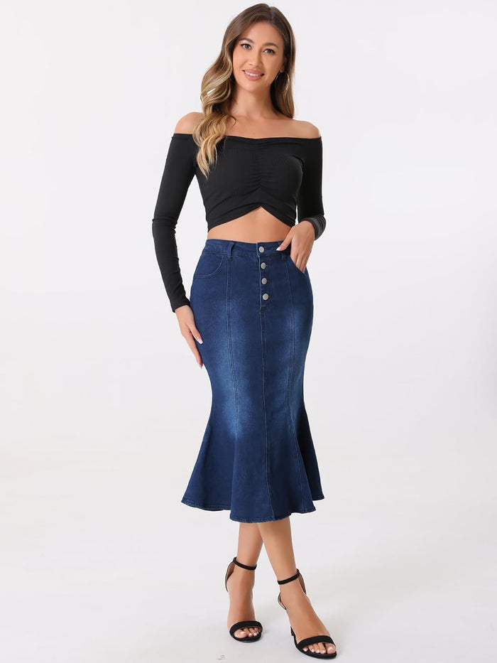 Allegra K Denim Skirt for Women Fishtail Midi Jean Skirts