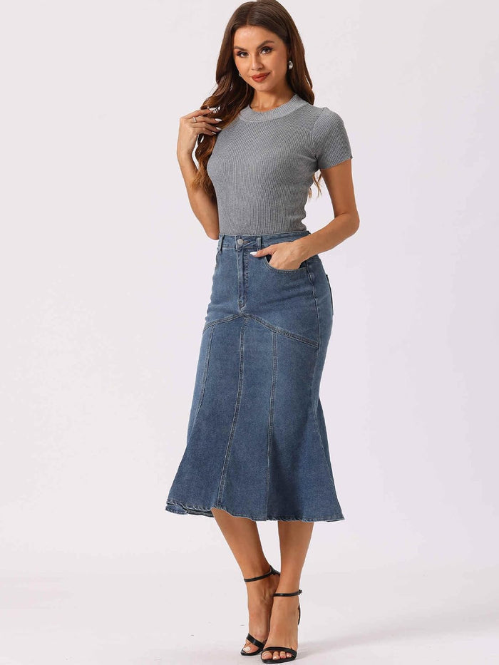 Allegra K Women's Denim Skirt Fishtail Midi Jean Skirts