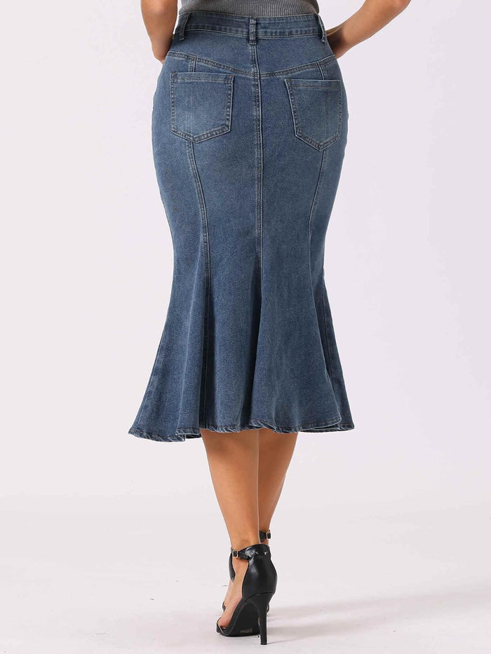 Allegra K Women's Denim Skirt Fishtail Midi Jean Skirts