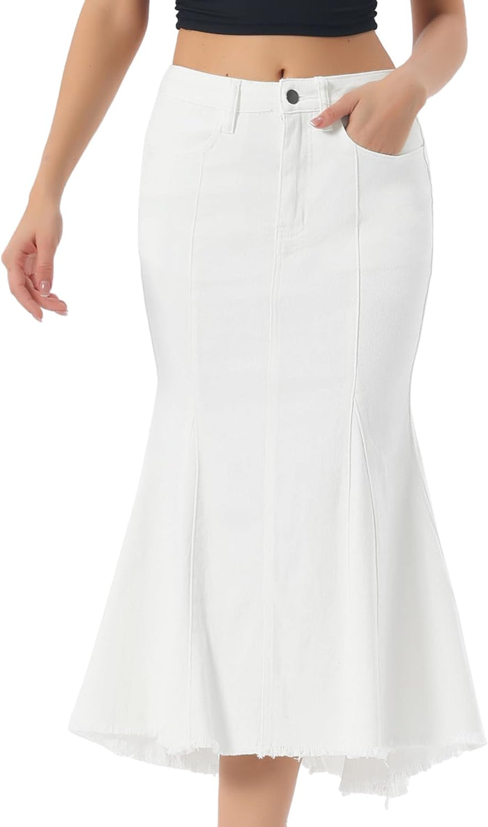 Allegra K Womens Washed Fishtail Denim Skirt High Waist Midi Jean Skirts