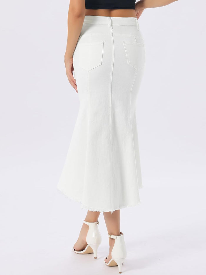 Allegra K Womens Washed Fishtail Denim Skirt High Waist Midi Jean Skirts