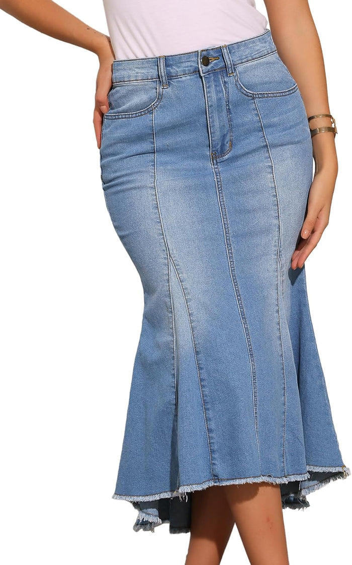 Allegra K Womens Washed Fishtail Denim Skirt High Waist Midi Jean Skirts