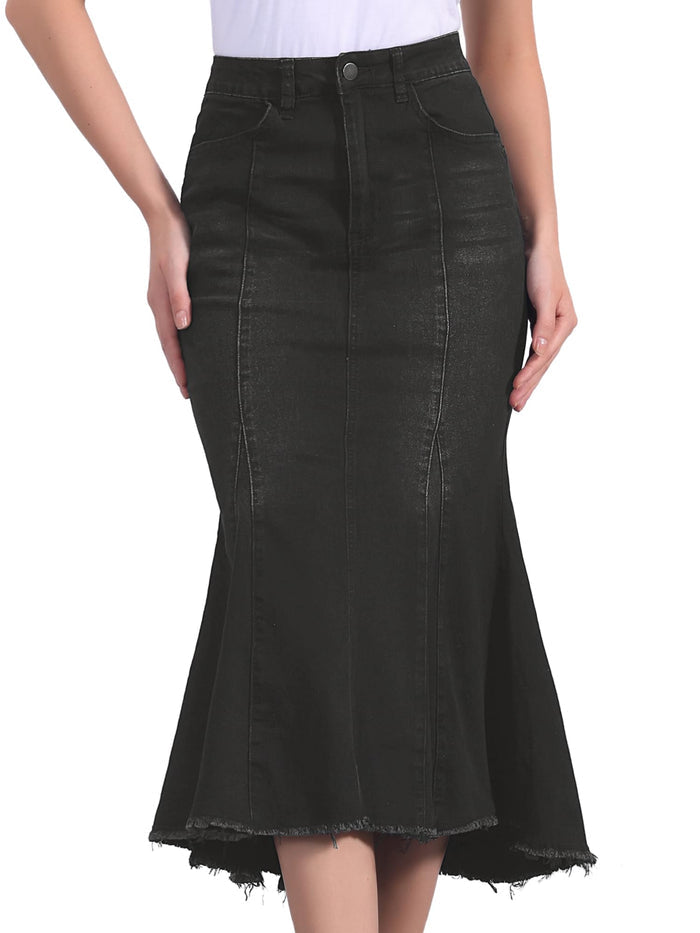 Allegra K Womens Washed Fishtail Denim Skirt High Waist Midi Jean Skirts