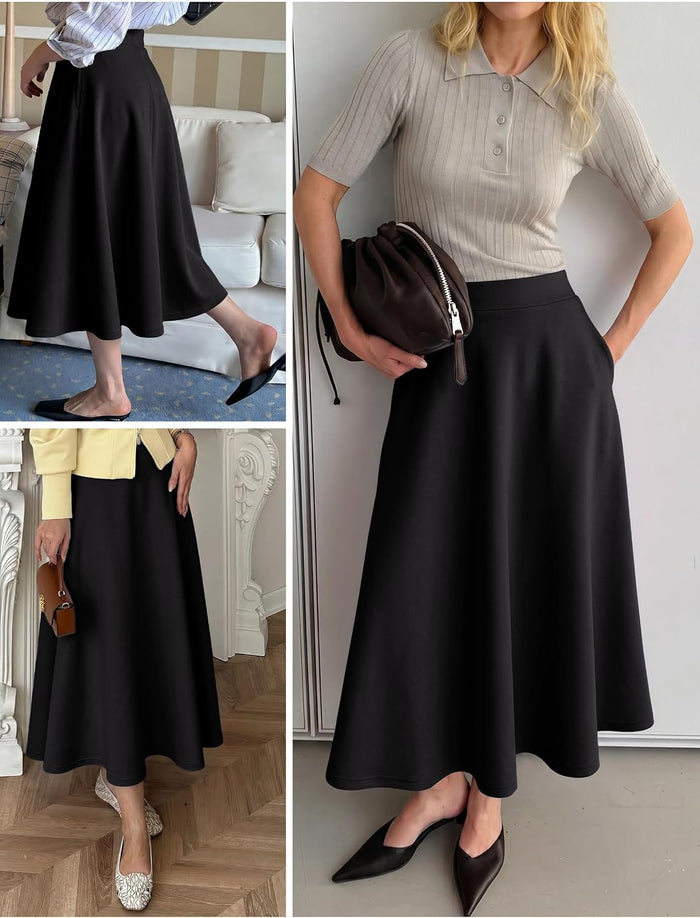 ANRABESS Women's A-Line Elastic High Waist Midi Skirts