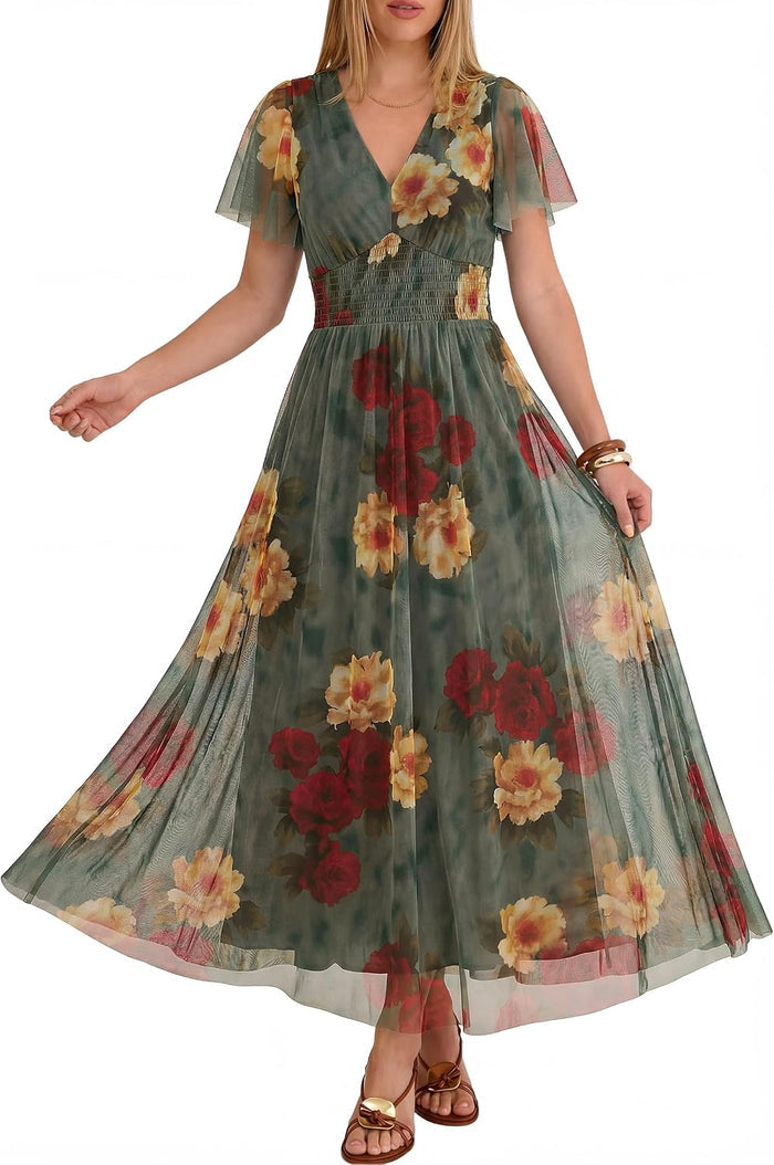 ANRABESS Women's Floral Tulle Wedding Guest Short Sleeve Maxi Dress