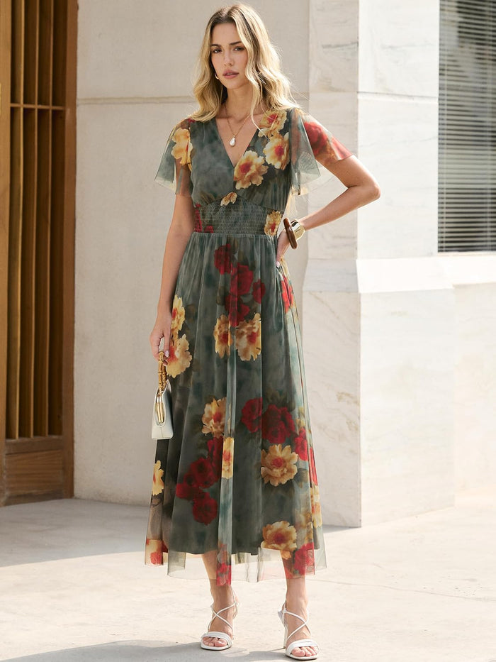 ANRABESS Women's Floral Tulle Wedding Guest Short Sleeve Maxi Dress