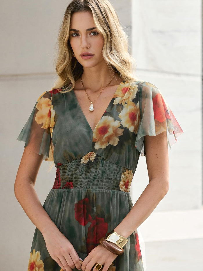 ANRABESS Women's Floral Tulle Wedding Guest Short Sleeve Maxi Dress