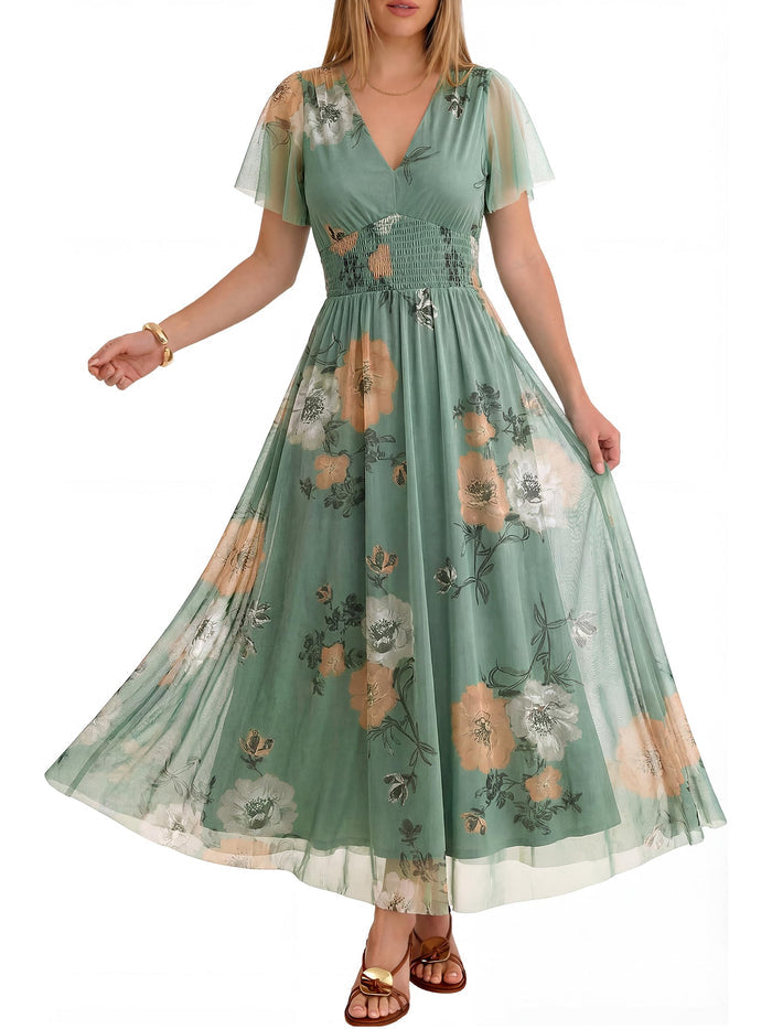 ANRABESS Women's Floral Tulle Wedding Guest Short Sleeve Maxi Dress