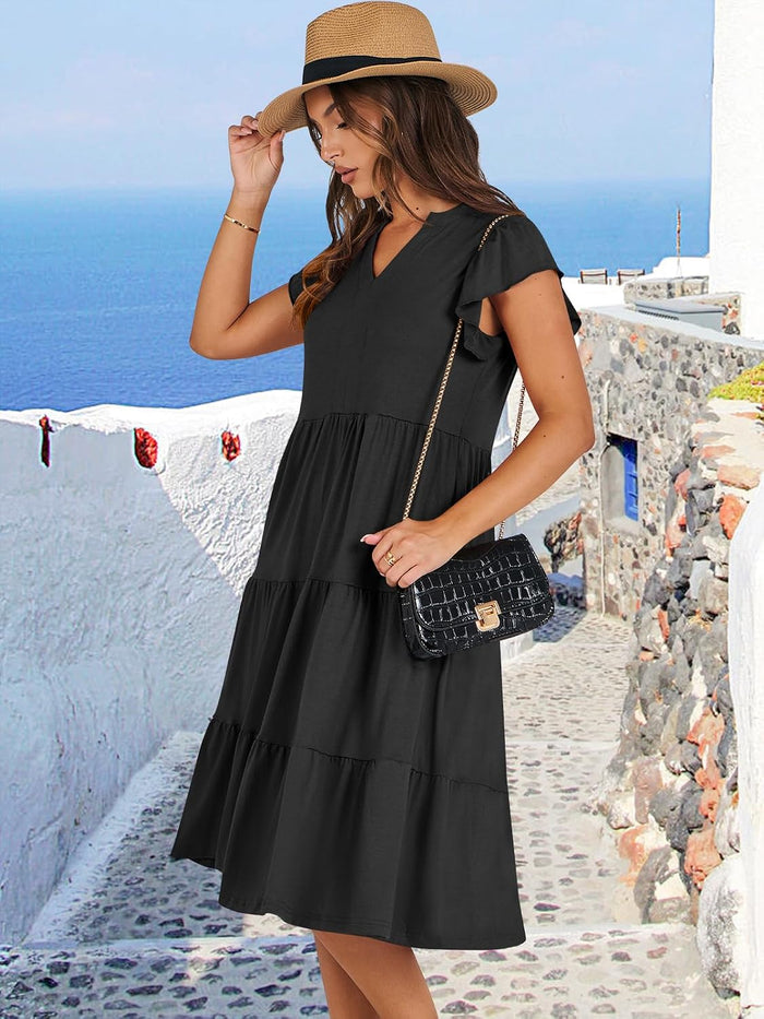 ANRABESS Womens Summer Dress Ruffle Sleeve V Neck Midi Dresses
