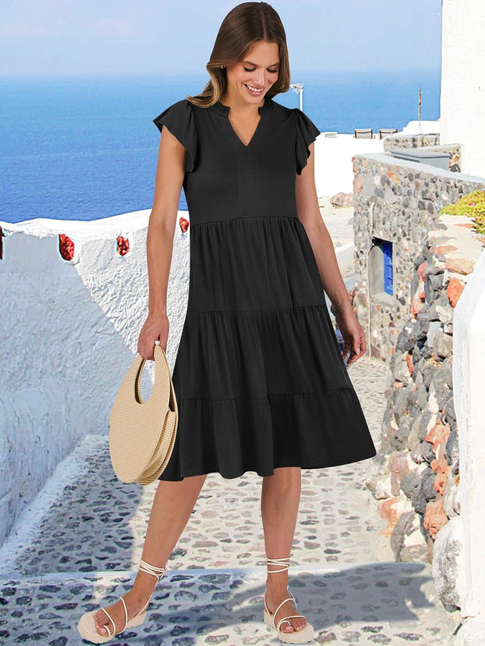 ANRABESS Womens Summer Dress Ruffle Sleeve V Neck Midi Dresses