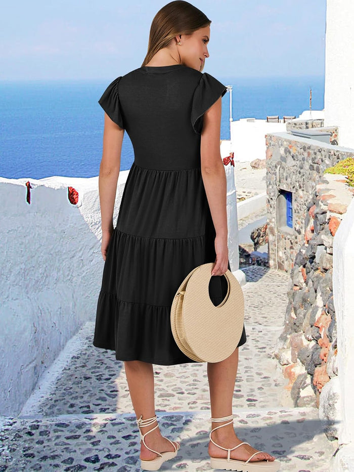 ANRABESS Womens Summer Dress Ruffle Sleeve V Neck Midi Dresses