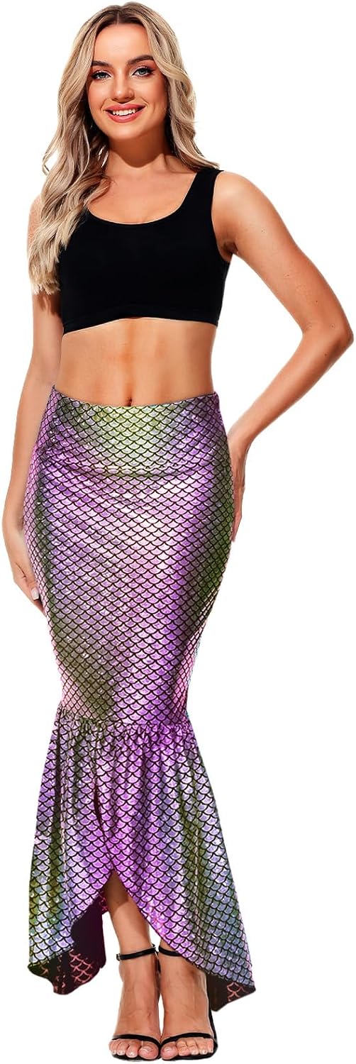 AOBUTE Women Mermaid Costume Skirt Shiny Maxi Fish Skirts Halloween Cosplay Outfits