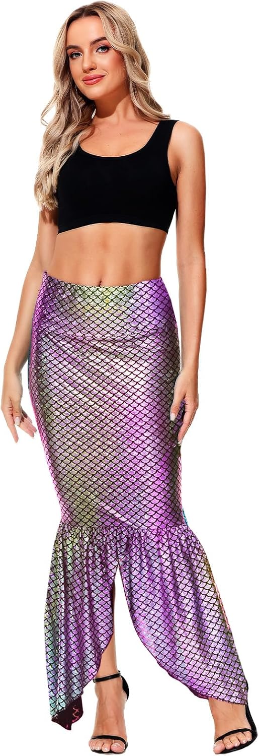 AOBUTE Women Mermaid Costume Skirt Shiny Maxi Fish Skirts Halloween Cosplay Outfits