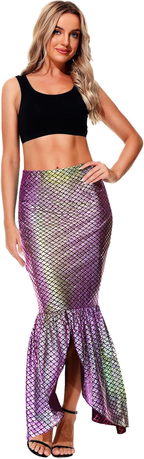 AOBUTE Women Mermaid Costume Skirt Shiny Maxi Fish Skirts Halloween Cosplay Outfits