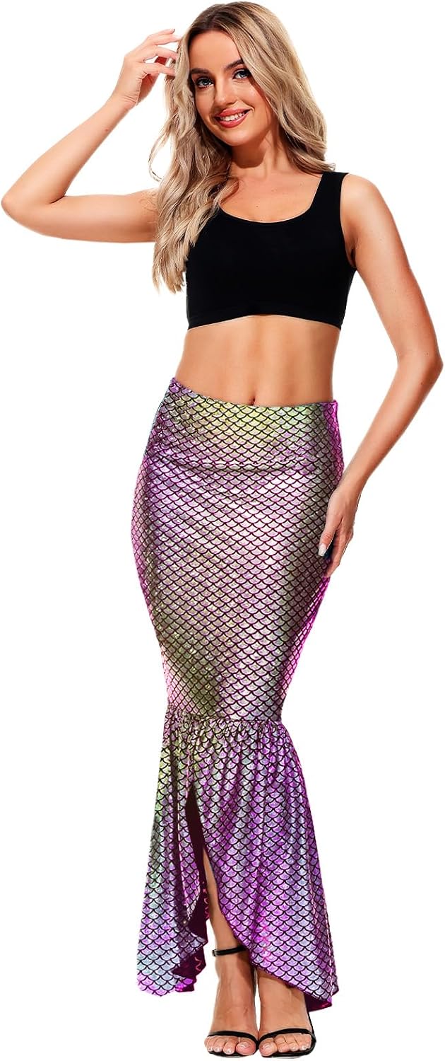 AOBUTE Women Mermaid Costume Skirt Shiny Maxi Fish Skirts Halloween Cosplay Outfits