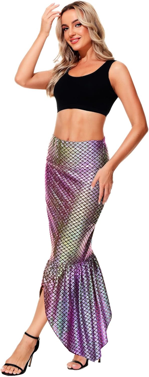 AOBUTE Women Mermaid Costume Skirt Shiny Maxi Fish Skirts Halloween Cosplay Outfits