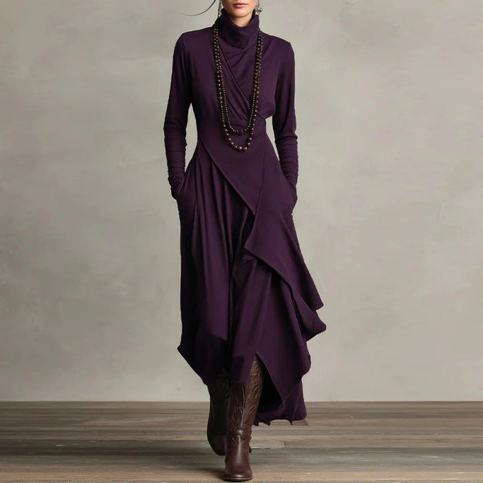 Asymmetric Wrap Gown with Turtleneck | Draped Handkerchief Hem Dress(MS261)