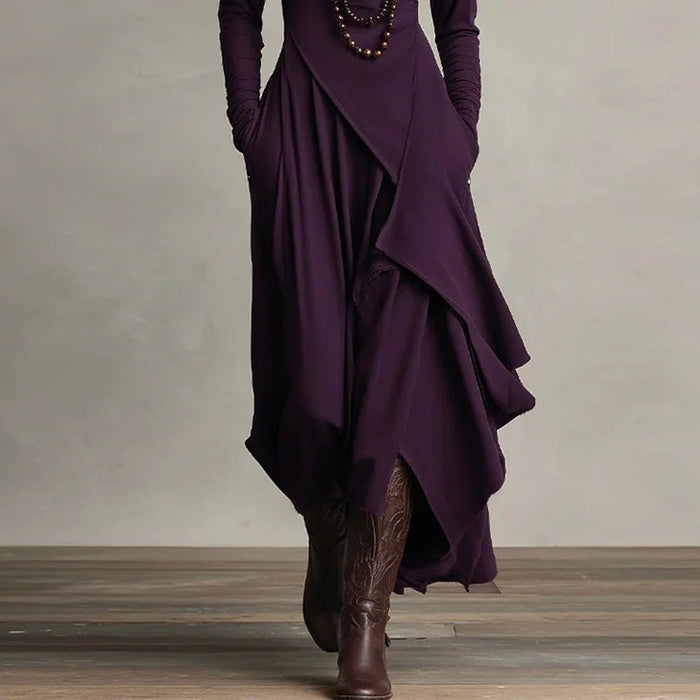 Asymmetric Wrap Gown with Turtleneck | Draped Handkerchief Hem Dress(MS261)