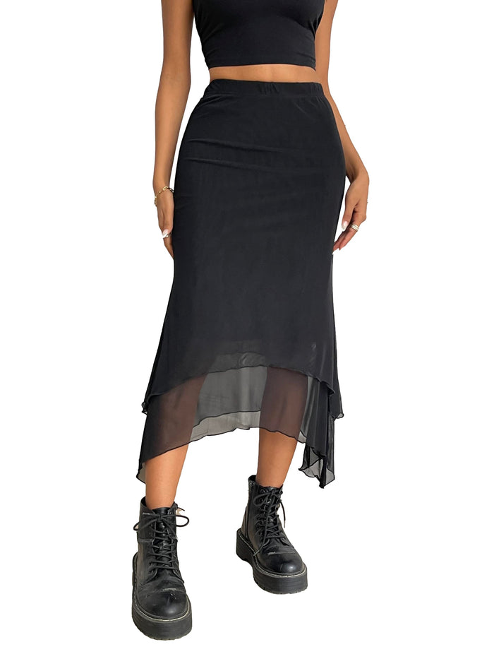 Avanova Women Mesh Asymmetrical Mermaid Midi Skirt High Waist Fishtail Long Skirt