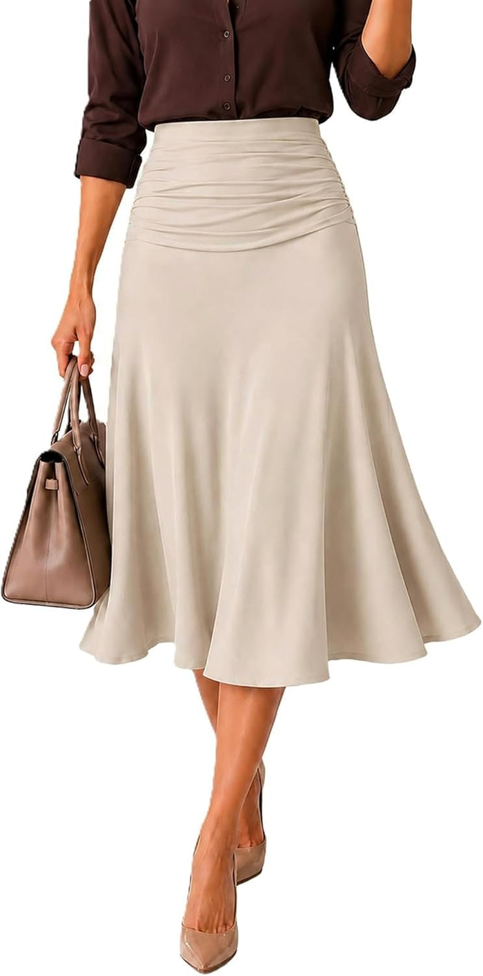 Avanova Women Ruched High Waist Midi Skirs Dressy Casual