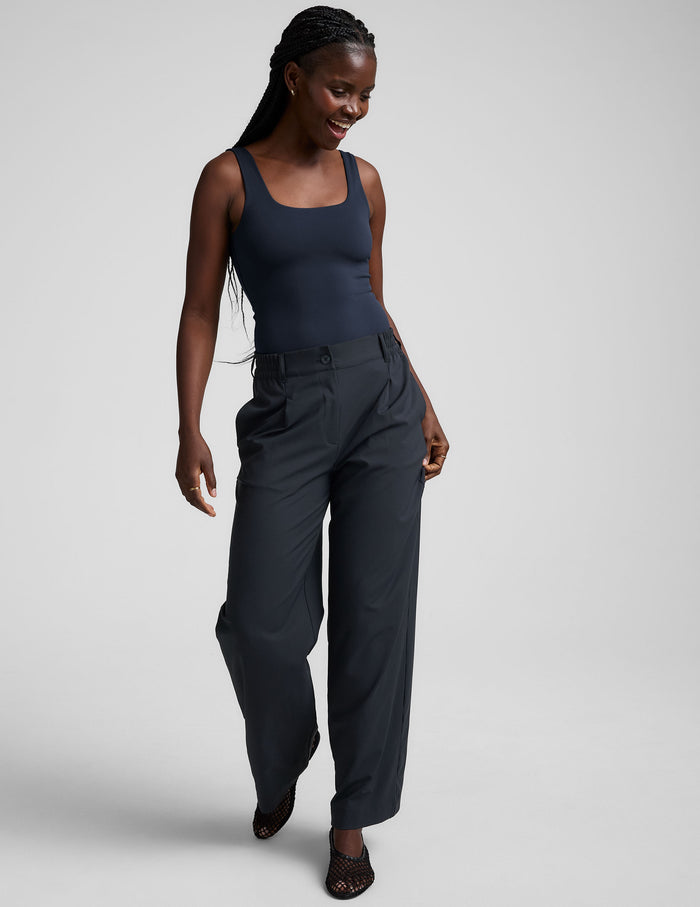 blue double-layered square neckline bodysuit.