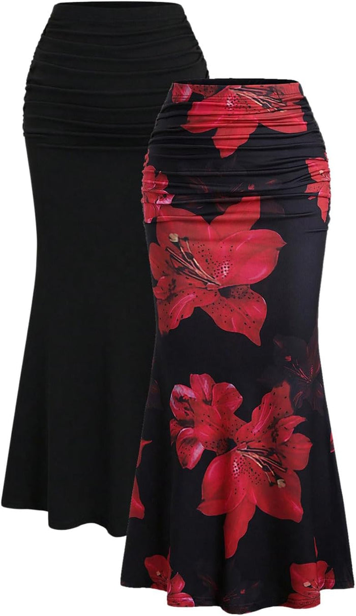 BEAUDRM Women's 2 Pack Fishtail Skirt Elegant Ruched Bodycon Skirts Faldas