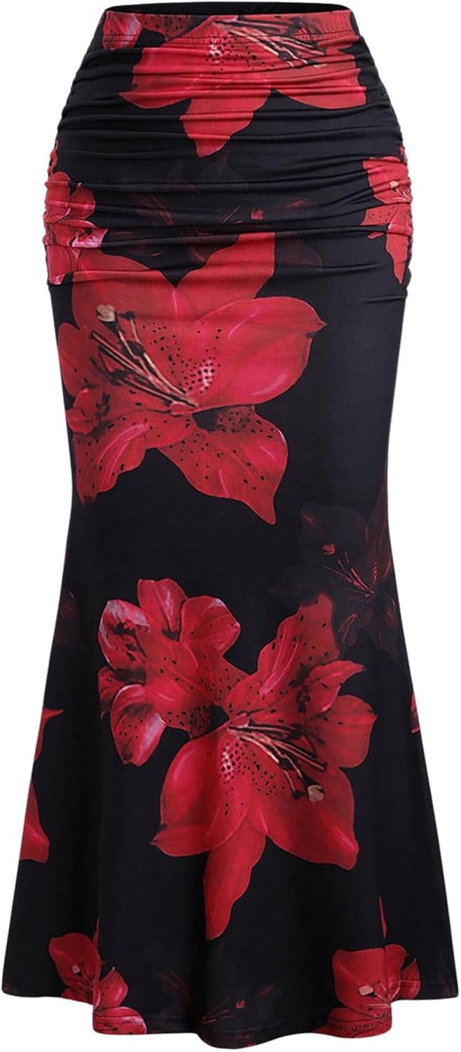 BEAUDRM Women's Floral Maxi Skirt Ruched Fishtail Bodycon Long Skirts