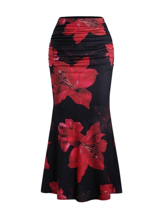 BEAUDRM Women's Floral Maxi Skirt Ruched Fishtail Bodycon Long Skirts