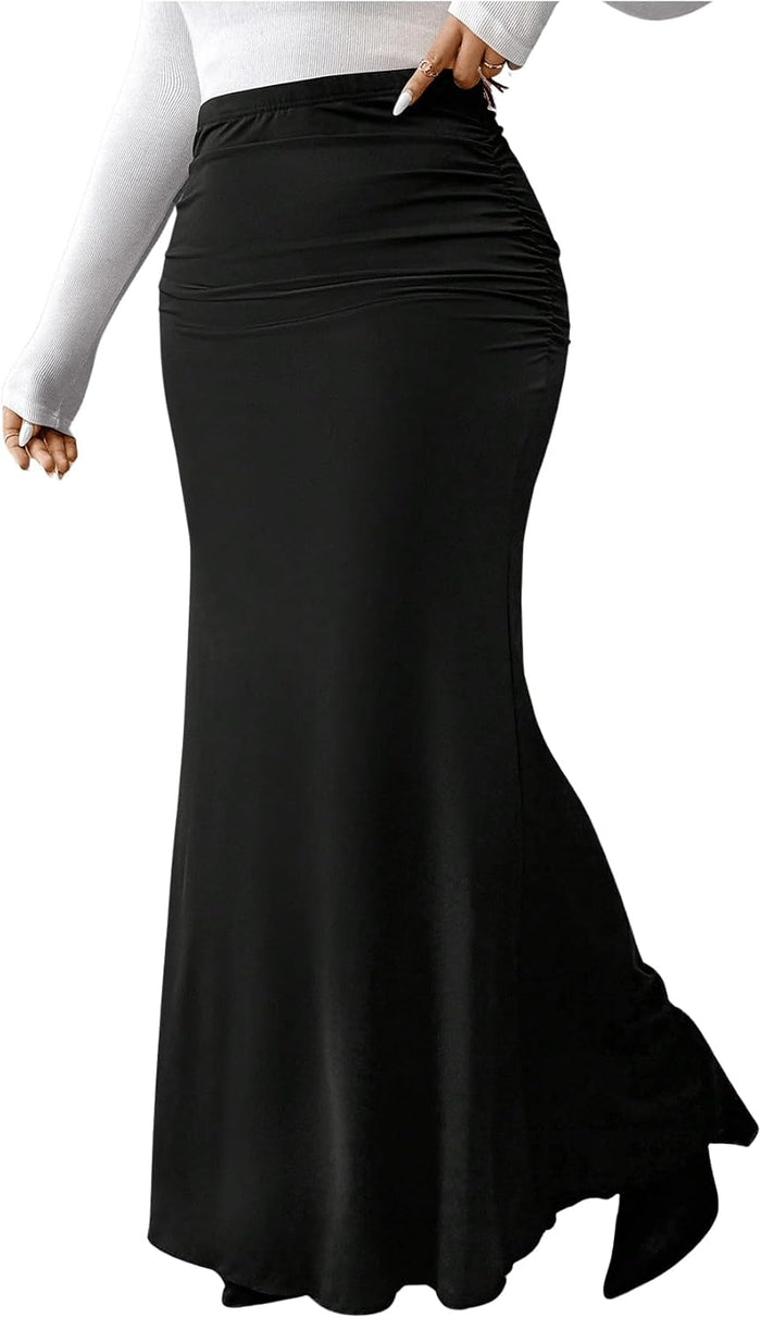 BEAUDRM Women's Plus Size Maxi Skirt Ruched Bodycon Fishtail Long Skirts