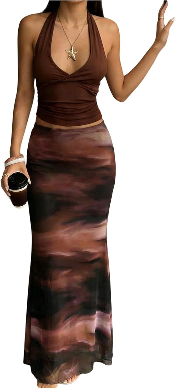 BEAUDRM Women's Tie Dye Fishtail Skirt Y2k Mesh Bodycon Maxi Skirts