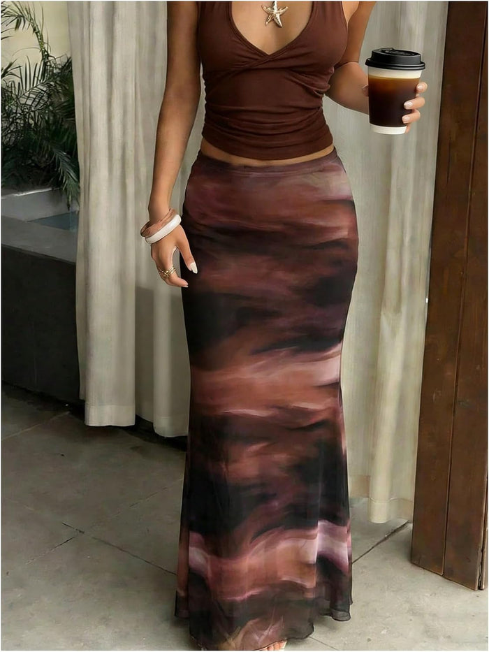 BEAUDRM Women's Tie Dye Fishtail Skirt Y2k Mesh Bodycon Maxi Skirts