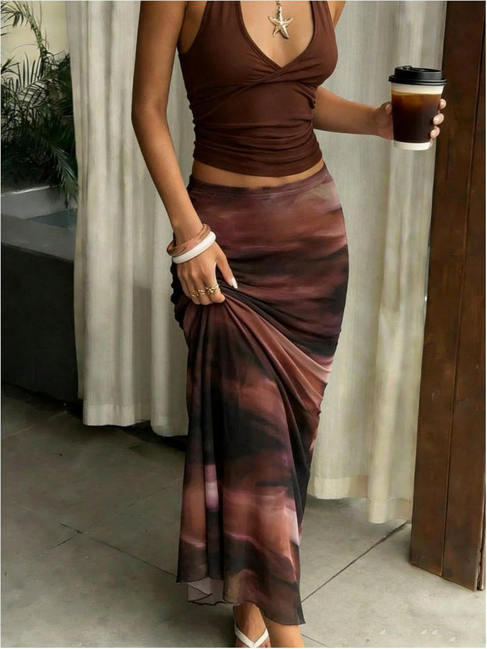 BEAUDRM Women's Tie Dye Fishtail Skirt Y2k Mesh Bodycon Maxi Skirts