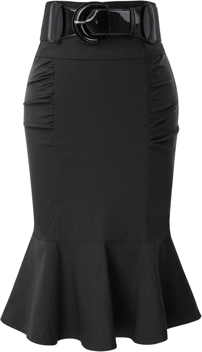 Belle Poque Women’s High Waisted Peplum Midi Pencil Skirt Work Business Skirts with Belt