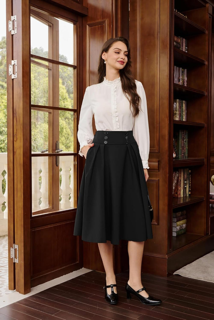 Belle Poque Women's Midi Pleated A-Line Skirts Pockets