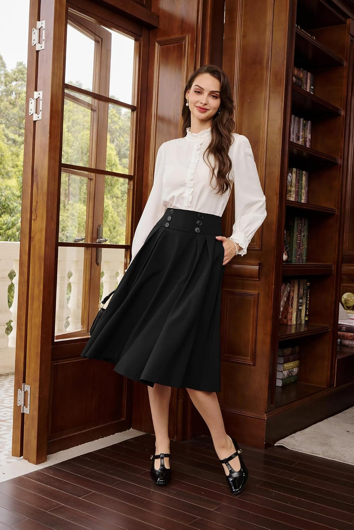 Belle Poque Women's Midi Pleated A-Line Skirts Pockets