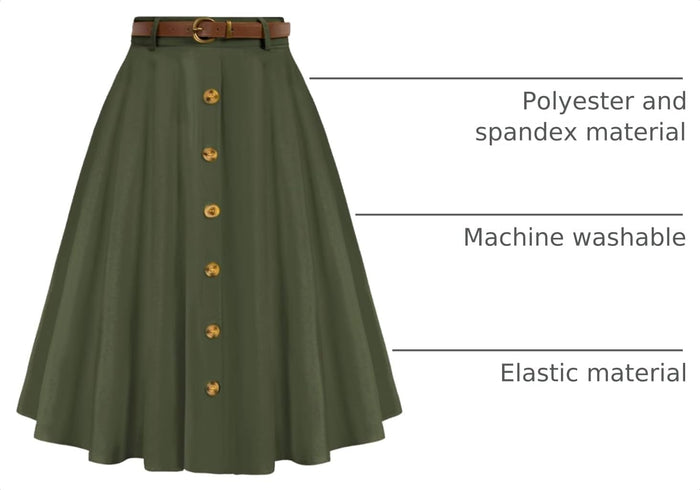 Belle Poque Women's Vintage Stretch High Waist A-Line Flared Midi Skirts with Pockets & Belts