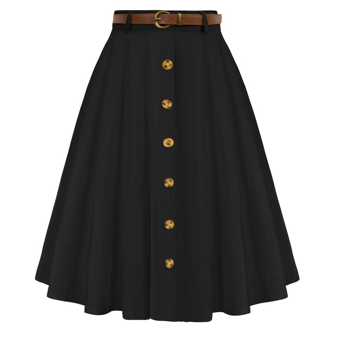 Belle Poque Women's Vintage Stretch High Waist A-Line Flared Midi Skirts with Pockets & Belts