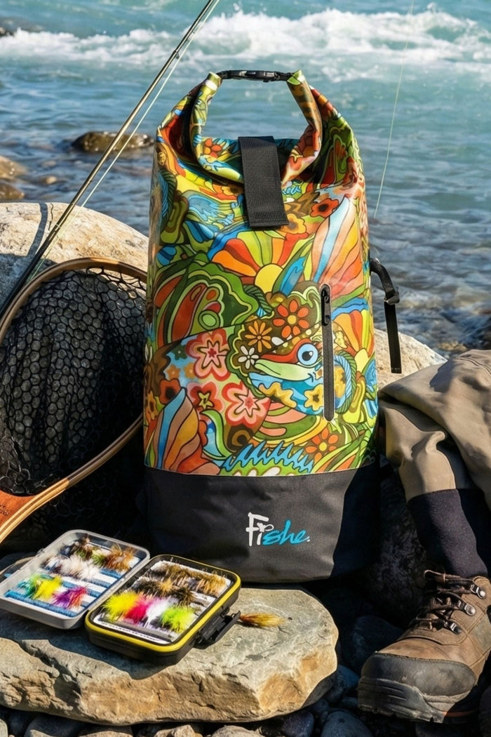 Colorful fishing bag with floral design and 'Fishe' branding on a rocky shore with fishing equipment.