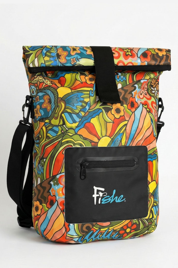 Colorful patterned backpack with a black pocket featuring 'Fishe' branding on a white background.