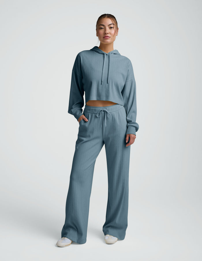 Breathe Easy Ribbed Wide Leg Pant in teal, featuring a textured rib knit, elastic drawstring waist, and relaxed wide legs.