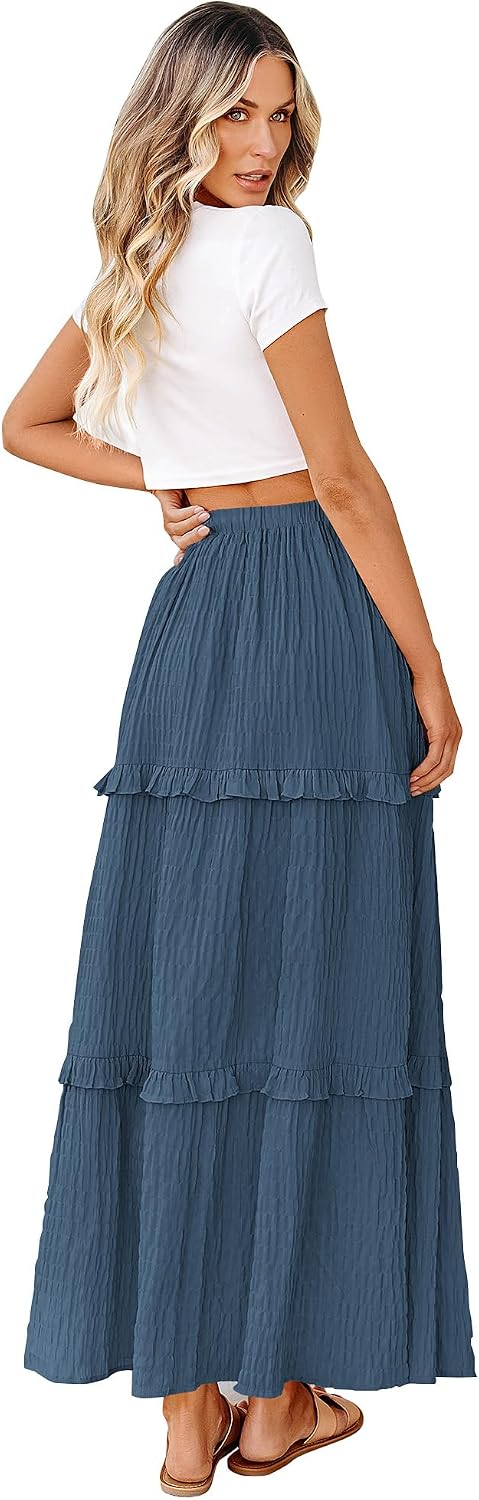 BTFBM Casual Solid Maxi Skirt Fall Clothes Flared A-Line Skirts for Women