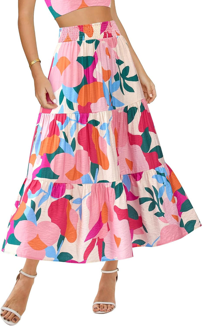 BTFBM Midi Skirts for Women 2026 Summer Boho Floral Skirt