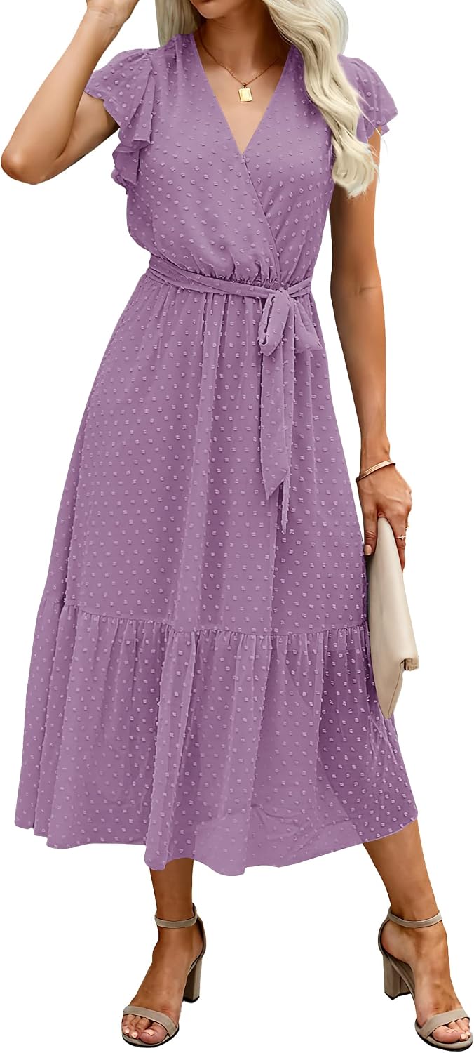 BTFBM Women Summer Casual Wrap V Neck Ruffle Cap Sleeve Belted Midi Dress