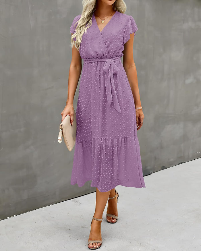 BTFBM Women Summer Casual Wrap V Neck Ruffle Cap Sleeve Belted Midi Dress