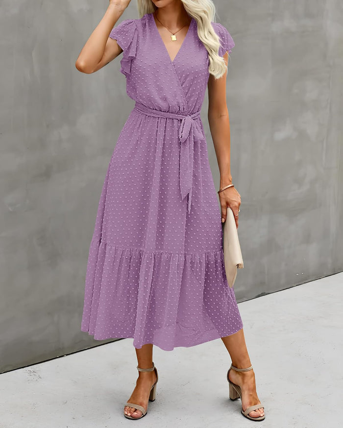BTFBM Women Summer Casual Wrap V Neck Ruffle Cap Sleeve Belted Midi Dress